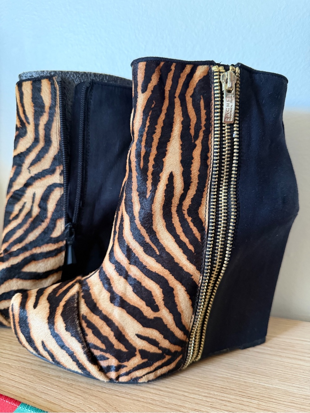 Rachel Roy Animal Print Wedge Ankle Boot with Gold Zip